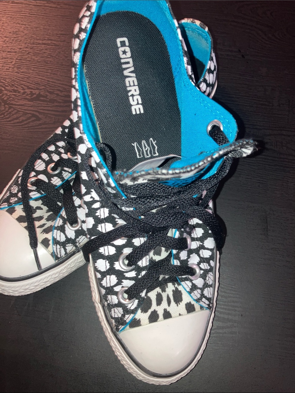 Converse All Star Black White Dalmatian Print Sneakers with Blue Accents - Picture 3 of 5